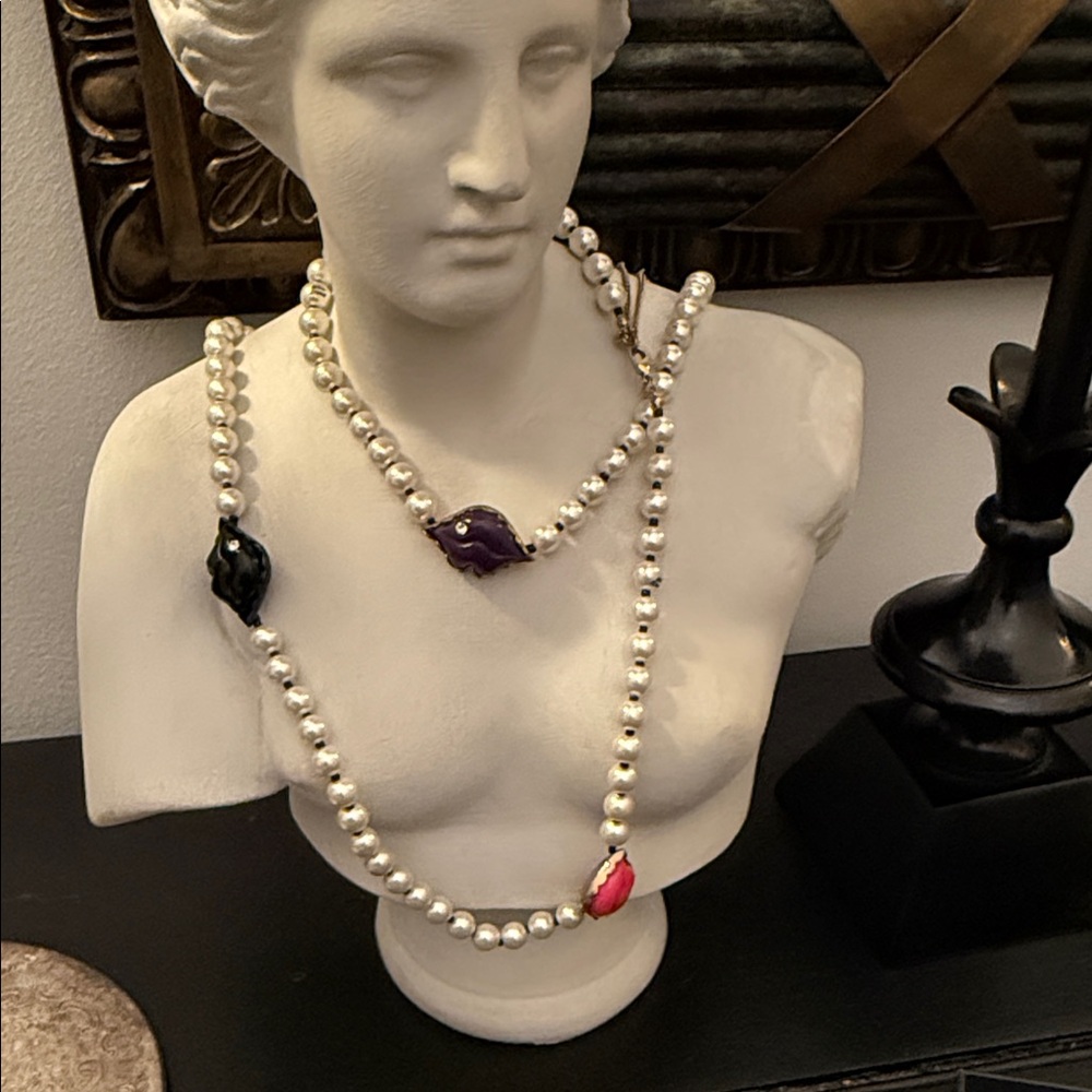 Betsey Johnson Pearl Necklace with Pink, Purple and Black Lip Accents